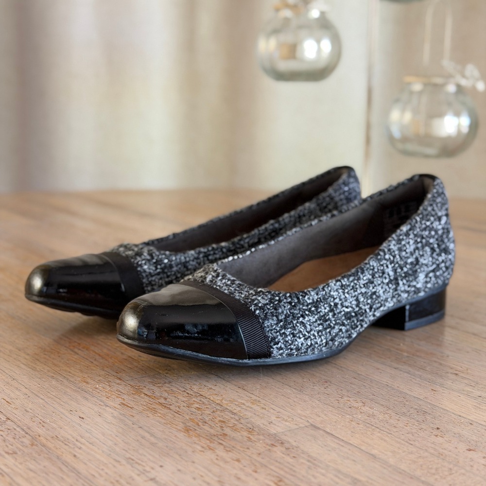 Clarks Artisan Keesha Rosa Grey Tweed Black Patent Cap Toe Block Heel Pump 8M